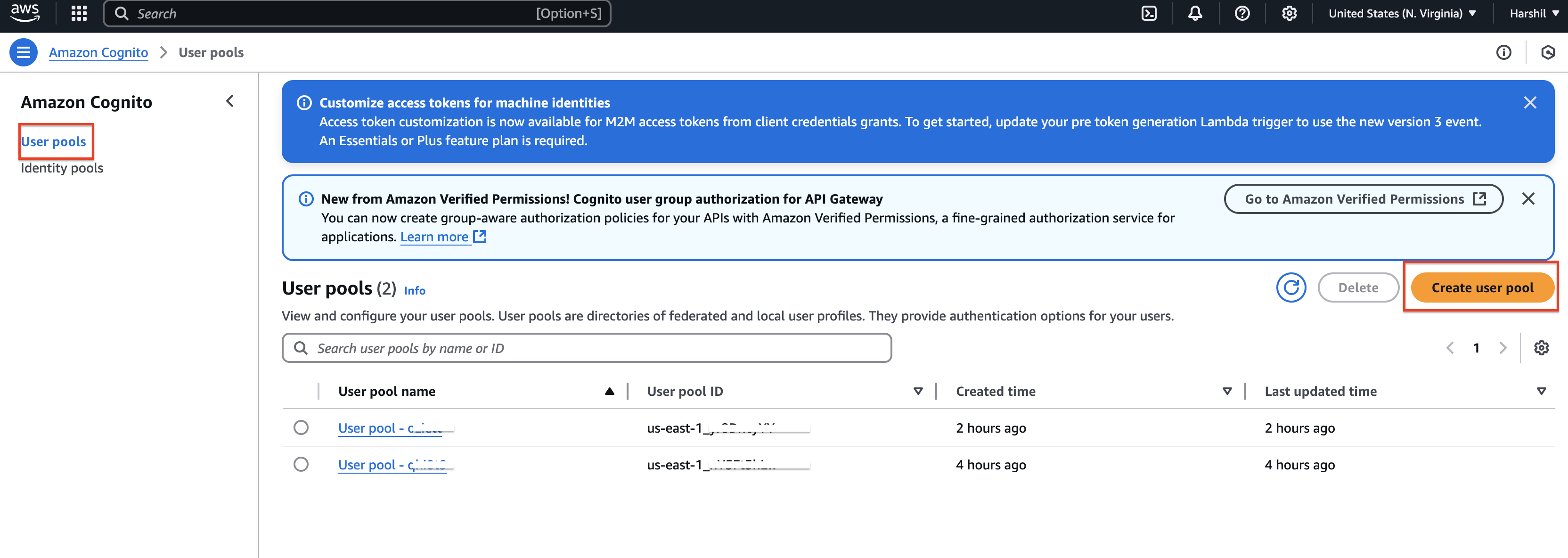 AWS Cognito create userpool